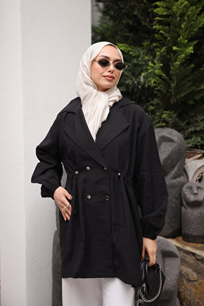 İmajButik Black Double-Breasted Collar Jacket with Elastic Waist