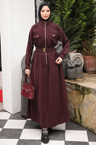 İmajButik Plum Zippered Rubber Belted Dress