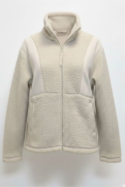 KNUP NAP Kadın Ekru Fermuarlı Peluş Polar Ceket - Sherpa Kumaş