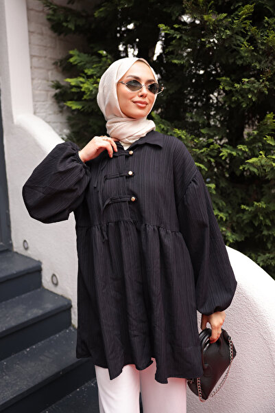 İmajButik Black Tunic with Elastic Sleeves and Buttons on the Front