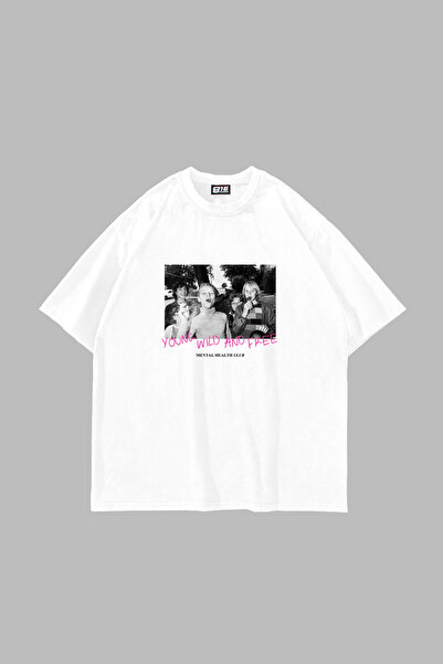 Sekizbiraltı Young Wild N Free Printed Oversize Unisex White Tshirt