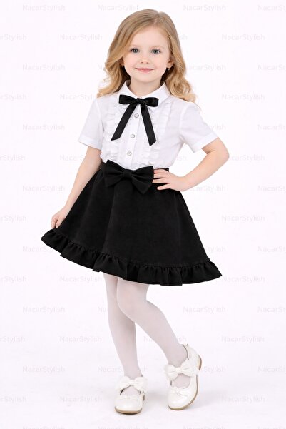 Nacar Kız Çocuk 23 Nisan 29 Ekim Fırfır Detaylı Gömlek&Double Kumaş Kloş Etek...