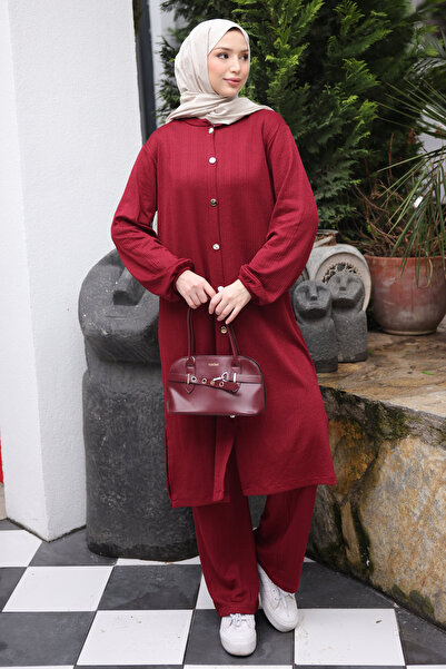 İmajButik Burgundy Buttoned Tunic and Trousers Wrinkled Suit