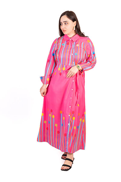 LINELLE Pink Base Multicolor Stripe & Dot Printed Maxi Dress