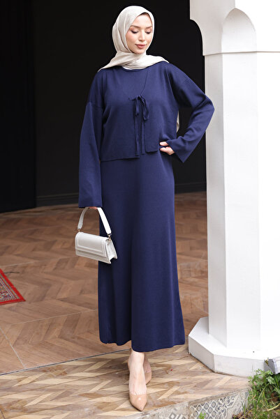 İmajButik Navy Blue Mercerized Knitwear Cardigan Dress Double Combination Set