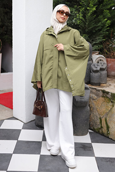 İmajButik معطف كاكي كبير الحجم بقلنسوة وسحاب أمامي