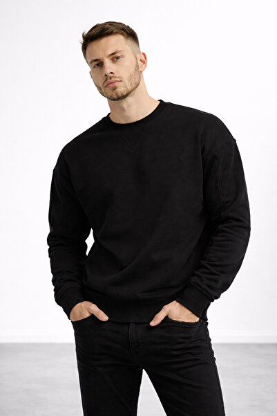 Polo State Erkek Siyah 3 İplik Şardonlu Kalın Basic Bisiklet Yaka Oversize Sw...