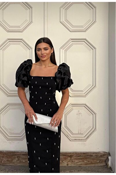 diloxe Kare Yaka Maxi Boy Taş Detaylı Siyah Elbise
