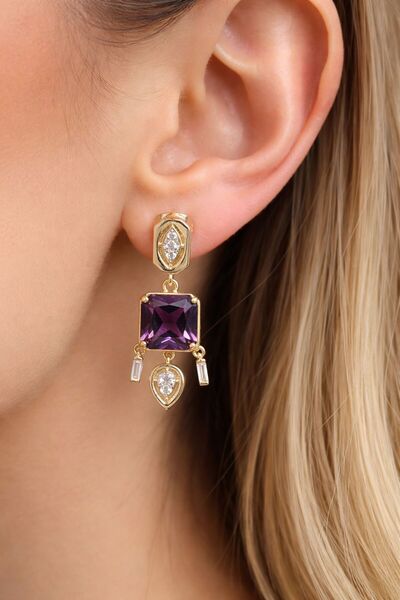 Glowzee Takı & Aksesuar Steel Gold Plated Geometric Earrings with Purple Crys...