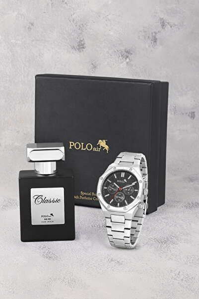 Polo Air Sekizgen Kasa Erkek Kol Saati Ve Parfüm Hediyelik Kutusunda Set Gümü...