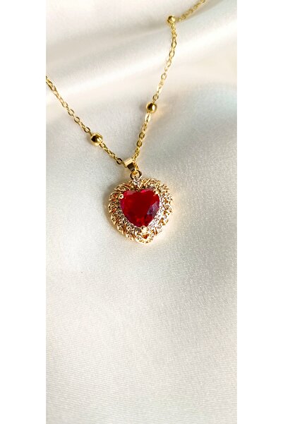 Poyi Aksesuar Aşk Serisi Kırmızı Taşlı Kalp Kolye