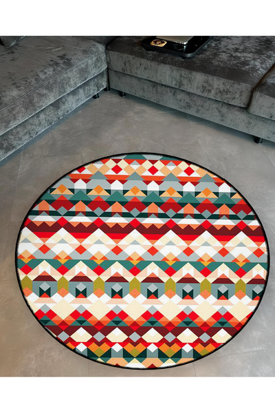 Rugs Modern Halı Mira Round Green Red Shapes Detailed Woven Base Modern Decor...