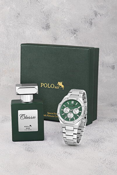 Polo Air Sekizgen Kasa Erkek Kol Saati Ve Parfüm Hediyelik Kutusunda Set Gümü...