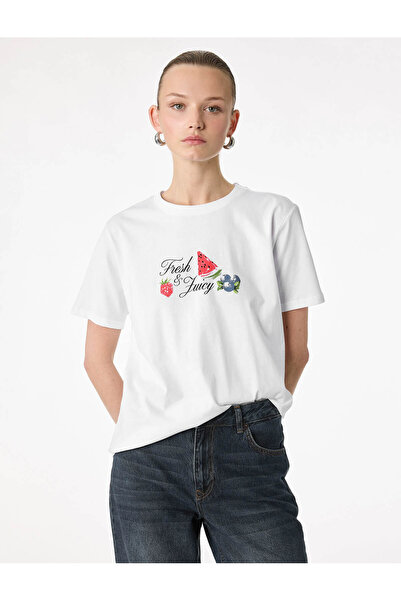 Koton Karpuz ve Çilek Baskılı Beyaz Kadın T-Shirt 6SAK50038EK