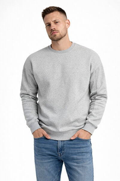 Polo State Men's Gray 3 Threaded Thick Basic Crew Neck Oversize Sweatshirt