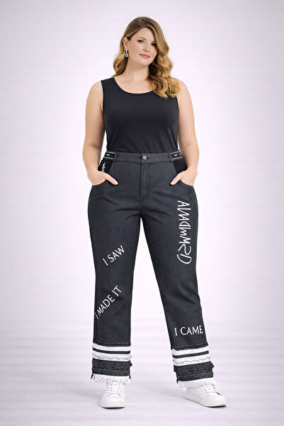 Şans Women's Plus Size Smoked, Detailed Cuffed, Half Elastic Waist, Color Com...