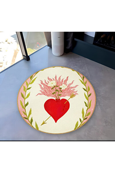 Rugs Modern Halı Light Tone Heart and Flower Pattern Round Woven Base Modern ...
