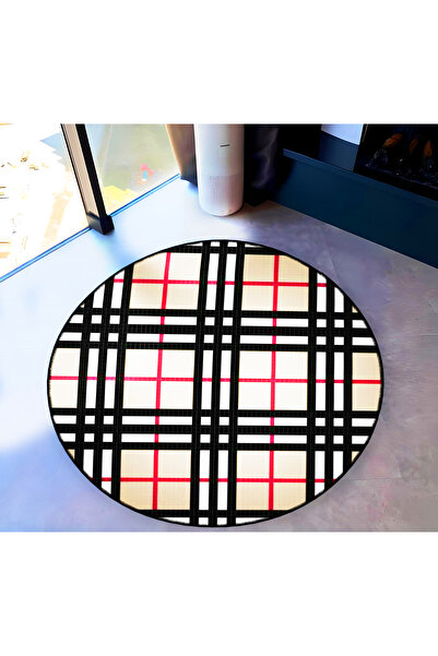 Rugs Modern Halı Mira Round Beige Black Red Plaid Patterned Heart Detailed Wo...
