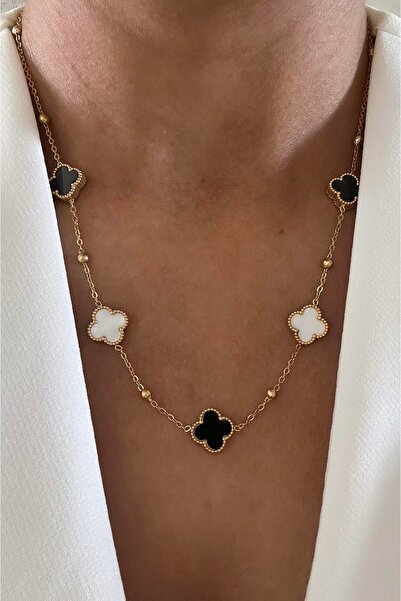 Rojmix 5 Taşlı Siyah ve Beyaz Renk Yonca Model Kolye Paslanmaz Çelik