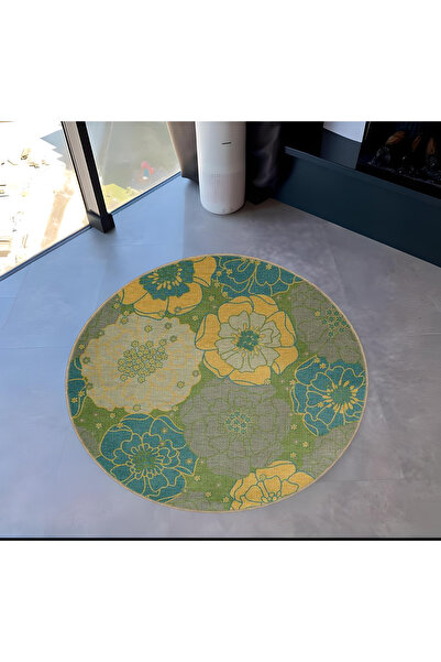 Rugs Modern Halı Mira Round Blue Green Tones Floral Patterned Woven Base Deco...