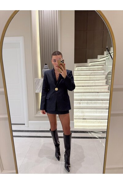 manana fashion Lacivert Gold Düğmeli Denim Etek Ceket Takım - 7034