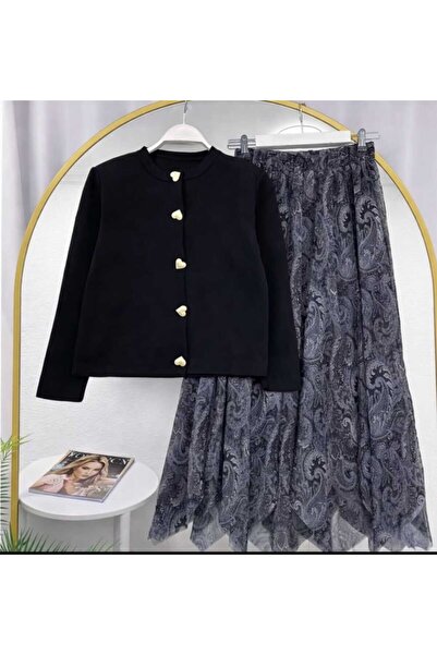 MODA VEDAT Women's Shawl Pattern Asymmetrical Cut Skirt - Heart Buttoned Knit...