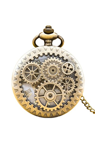 STİLLOVE Vintage Chain-Linked Wheel Embroidered Bronze Pocket Watch