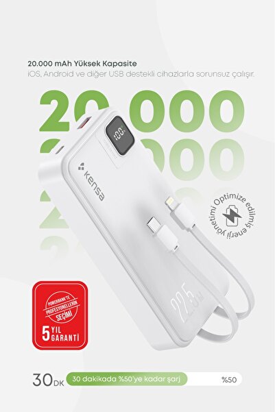 Kensa 20.000 mAh Dijital Göstergeli Dahili Çoklu Kablolu Powerbank – Süper Hı...