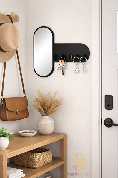 MultiTrendy Aynalı Ahşap Anahtarlık Askısı | Duvar Tipi 4 Kancalı Anahtar Ask...