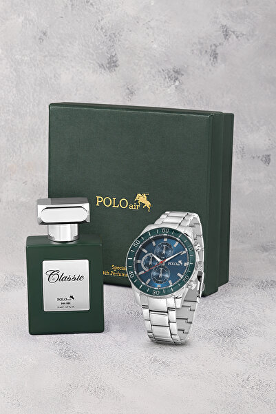 Polo Air Spor Erkek Kol Saati Ve Parfüm Hediyelik Kutusunda Set Gümüş Yeşil R...