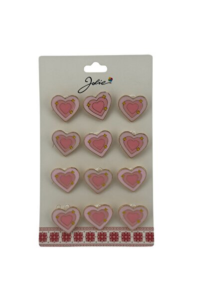 JOLIE Σετ 12 παιδικών καρφίτσες Martisor, Jolie, Καρδιά με αστέρια, ροζ