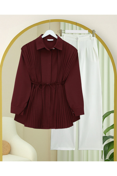 Modamorfo Poplin Shirt with Pleated Detail on the Front and Back and Hidden B...