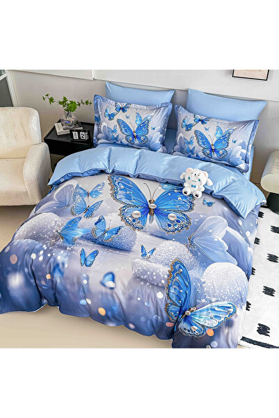 OEM Double Bed Linen, 5D Digital Print, Blue Butterflies, 6 Pieces, Finet, 18...