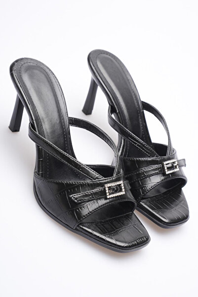 AleWomen Black Crocodile Silver Buckle Detailed Mia 9 cm Heeled Women's Slippers