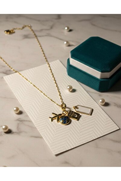 Hiis Store Kadın Gold Renk Seyahat Temalı Charm Kolye - Uçak, Dünya ve Pasapo...