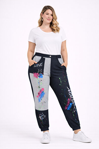 Şans Women's Plus Size Navy Blue-Grey, Paint Detailed, Color Combination Pant...