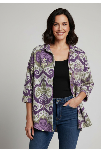 YusGos Women's Single Pocket 4/3 Sleeve Ethnic Patterned Thick Lumberjack Jac...