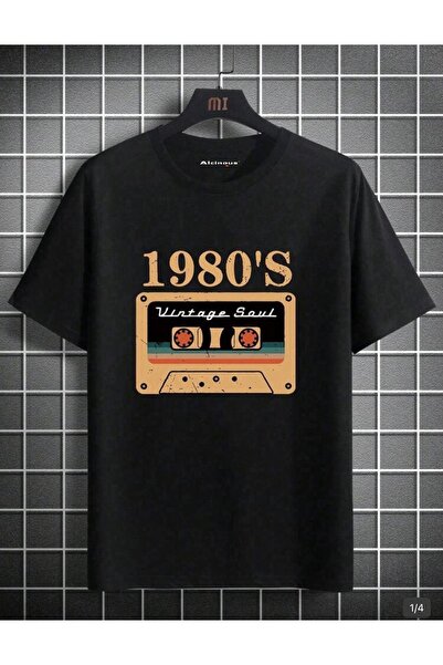 ALCİNOUS Cotton Oversized Unisex Printed Crewneck Black Basic T-Shirt