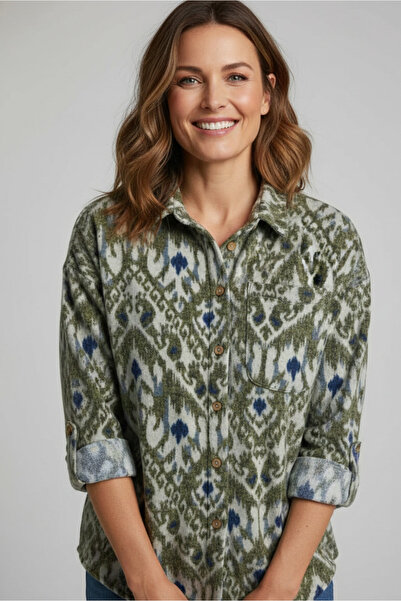 YusGos Women's Single Pocket 4/3 Sleeve Ethnic Patterned Thick Lumberjack Jac...