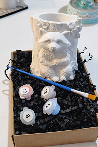 Denic Tasarım Taş Boyama Seti-Rakun Ağaç Kavugu- Boya-Fırça-Kalemlik- Biblo- ...