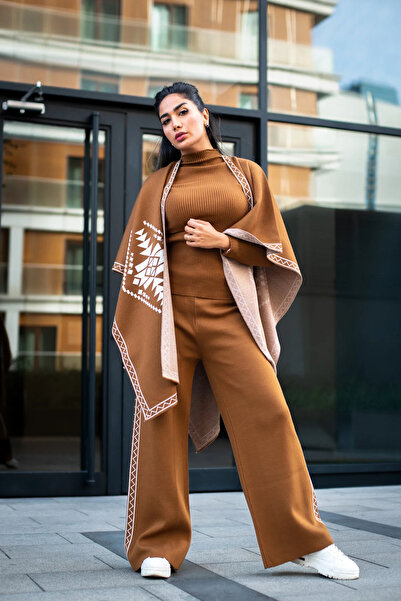 MAY MARA WOMEN'S STEEL KNITTED JACQUARD 3-PIECE SUIT WITH PONCHO