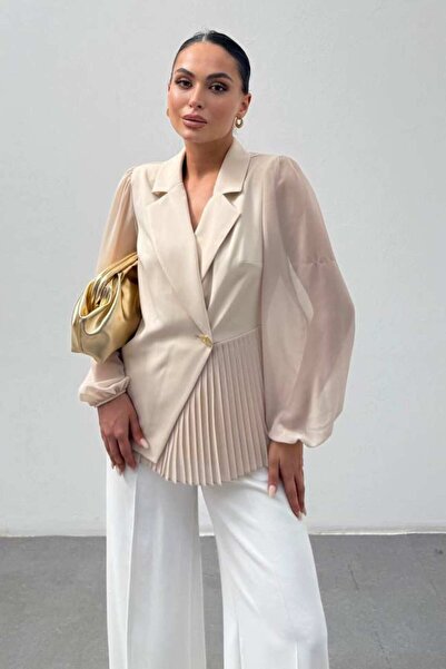 ZISHAN Pleated Women's Jacket Metal Button Detailed Sleeves Tulle Stylish and...