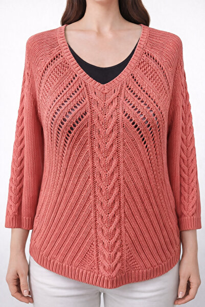 Neden Tekstil Gül Kurusu Ajurlu ve Saç Örgü Desenli Triko Kazak