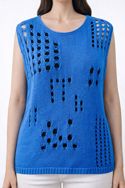 Neden Tekstil Blue Striped Patterned Plus Size Sleeveless Knitwear