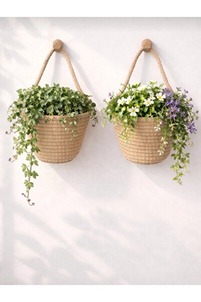 ENA Sepet mini dekoratif sepet 2li saksılık çiçekli(askılar ve bitkiler dahil...