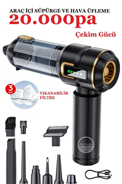 PREPARE Kablosuz Araç İçi Süpürge 20.000PA Basınçlı Üfleme ve Çekme Süpürgesi...