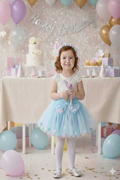 punicha Kız Çocuk Ponponlu Astarlı Mavi Tütü Etek