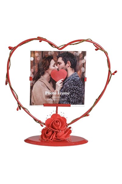 OEM Rama Foto Metalica Inima Rosie cu Flori de Trandafiri 19x6.5x20cm