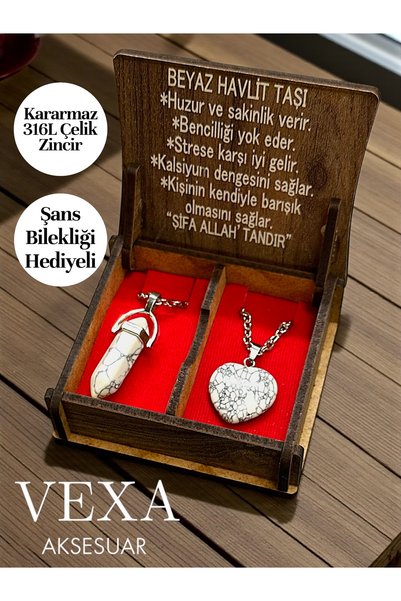 Vexa Aksesuar Steel White Howlite Stone Couple Necklace – 316L Steel – Lucky Bracelet Gift