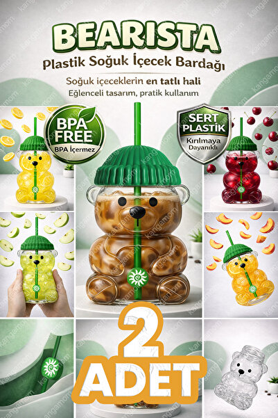 M&B WATER BOTTLE Ayıcıklı Plastik Soğuk İçecek Bardağı - 2'li set (600 ml)